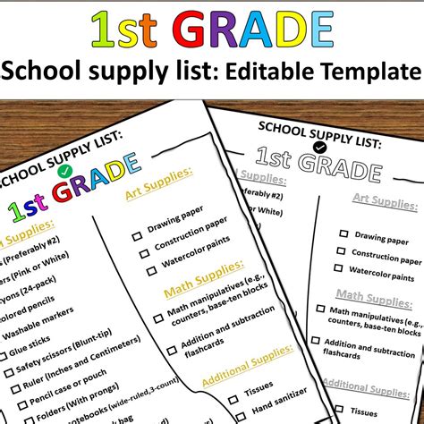 School Supply List Editable Template For 1st Grade First Gradeback To
