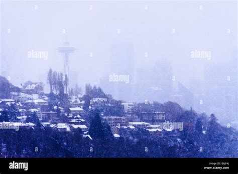 Seattle Skyline During Snow Storm Seattle Washington Stock Photo Alamy