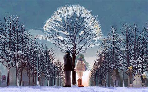 Snow Sky Ice Tree Couple Anime Love Forest