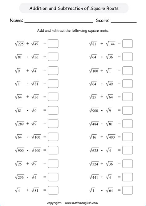 Adding Square Roots Worksheet