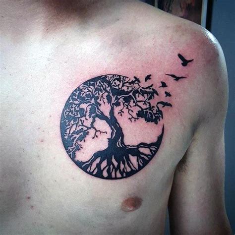 Mens Upper Chest Birds Flying Circle Tree Of Life Tattoo Life Tattoos