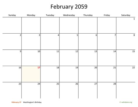 February 2059 Calendar With Bigger Boxes