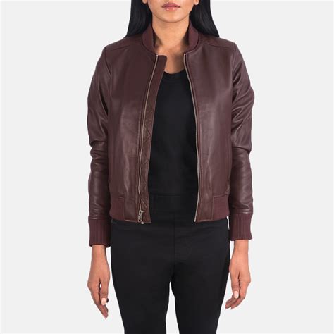 Womens Bliss Maroon Leather Bomber Jacket
