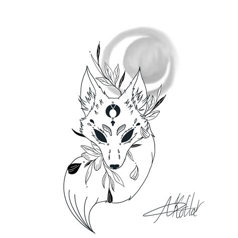 Kitsune Fox With Fluffy Tail And Leafpng Tattoo Sketch Etsy Canada
