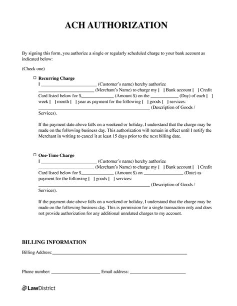 Free Ach Authorization Form Recurring Template Lawdistrict