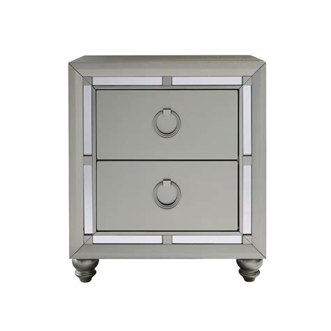 Silver Champagne Tone Nightstand With 2 Drawer Mirror Trim Accent In