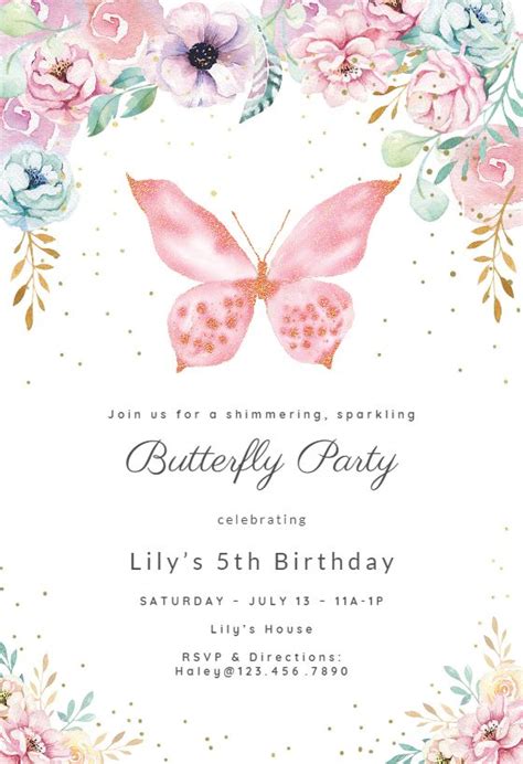 Pink Glitter Butterfly Party Invitation Template Free Greetings Island Butterfly