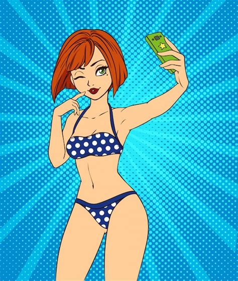Sexy Cartoon Girl Takes A Selfie Pop Art Style Hand Drawn Illustration Girl With Red Hair And