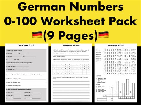 German Numbers 0 100 Worksheet Pack 9 Pages Teaching Resources