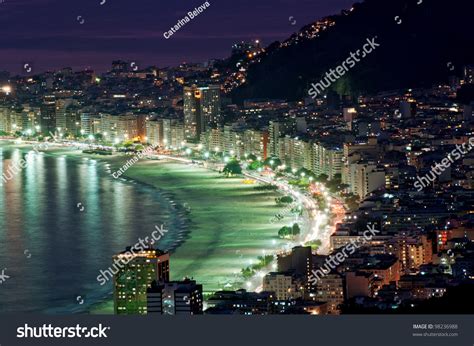 Night View Of Copacabana Beach Rio De Janeiro Brazil Stock Photo