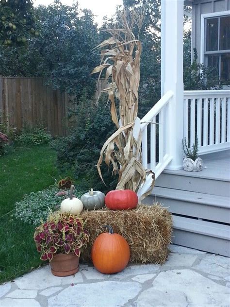 Straw Bale Pumpkins And Corn Stalks By The Front Porch Fall Outdoor