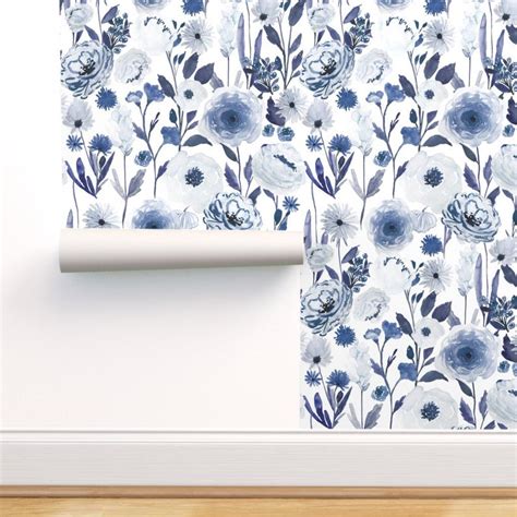 Blue Floral Wallpaper Indigo Garden B By Indybloomdesign