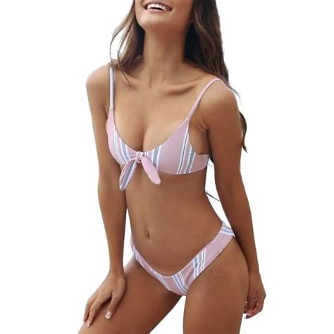 Buy Sexy Women Bikini Set Low Waist Push Up Padded Bra Bandage Bow Striped
