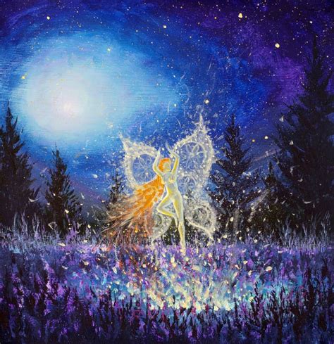 Painting Glowing Night Fairy Girl Butterfly In Magical Night Forest
