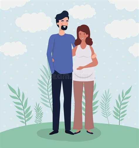 Cute Lovers Couple Pregnancy Characters In The Landscape Stock Vector