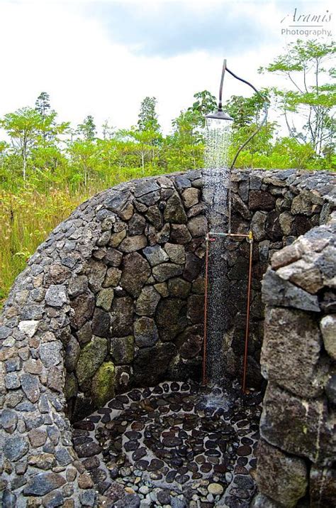 Outdoor Lava Rock Shower With Rainwater And Solar Power Guilt Free