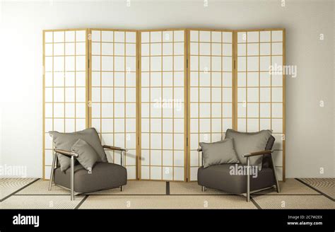 Partition Paper Wooden Design And Armchair On Living Room Tatami Floor