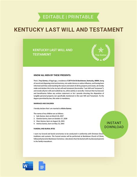 Last Will And Testament Template Kentucky