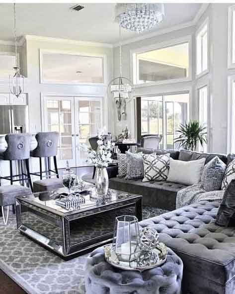 Gorgeous Monochromatic Grey Glam Living Room Decor With Grey Velvet