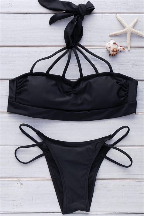 Off Black Lace Up Halter Bikini Set In Black Zaful