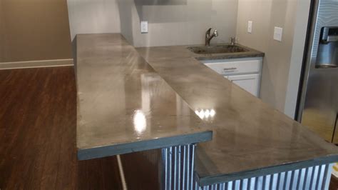 Gray Stained Concrete Kitchen Countertop With Raised Bartop Concrete