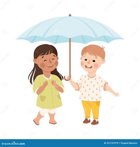 Kind And Fair Little Boy Holding Umbrella Protecting Girl Doing Justice