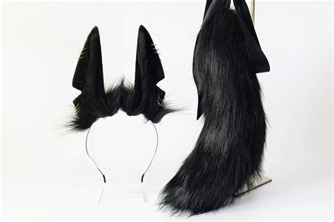 Realistic Anubis Wolf Ear And Tail Set Black Faux Fur Ear Etsy