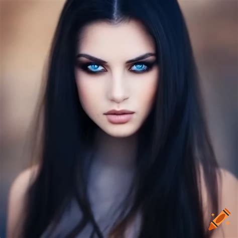 Beautiful Perfect Woman Black Hair Realistic Dark Blue Eyes Natural
