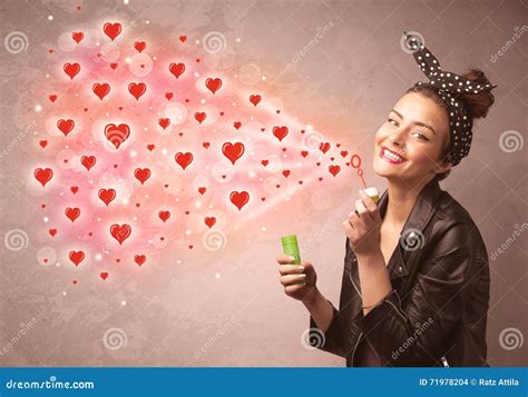 Pretty Young Girl Blowing Red Heart Symbols Stock Photo Image Of