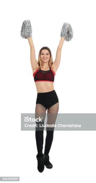 schöne cheerleaderin im kostüm mit pom poms auf weißem hintergrund stockfoto und mehr bilder von