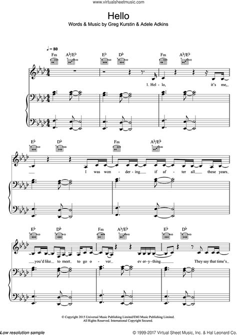 Adele Hello Sheet Music For Voice Piano Or Guitar V2