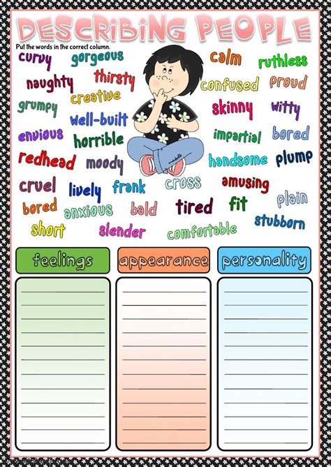 Adjectives can describe how much, how many, what color or number. Describing people - adjectives - Interactive worksheet