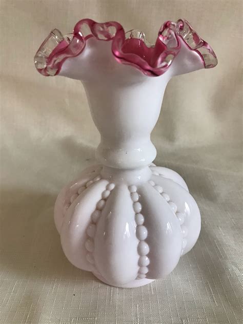 Antique Fenton White Milk Glass Vase With Crimped Cranberry Crest And Inside Etsy Uk