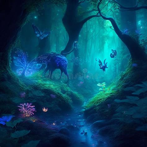 Enchanted Forest With Sparkles Mythical Plants And Creatures Magical