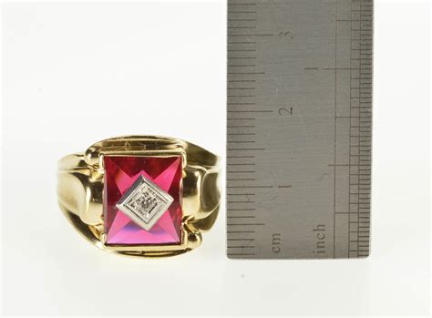 10k 1940s Syn Ruby Diamond Overlay Statement Yellow Gold Ring Size 9