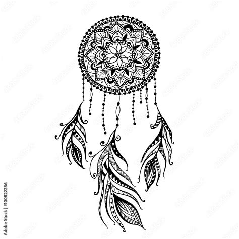 Hand Drawn Mandala Dreamcatcher With Feathers Ethnic Illustration Tribal American Indians