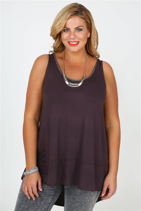 dark purple vest top with silver trim and panelled dipped hem plus size 16 18 20 22 24 26 28 30 32 3