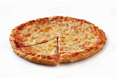 Plain Cheese Pizza Sliced Once On A White Background Stock Photo