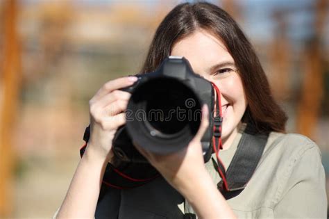 Happy Photographer Taking Photos With Camera Stock Image Image Of