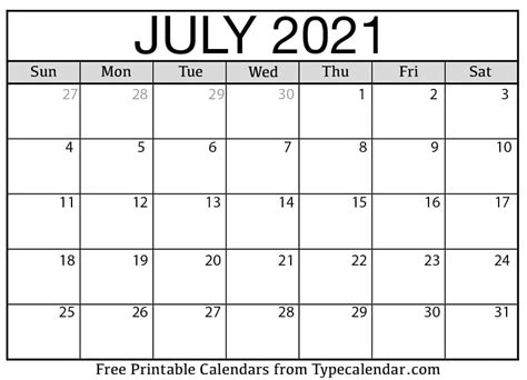 Free Printable July 2021 Calendars