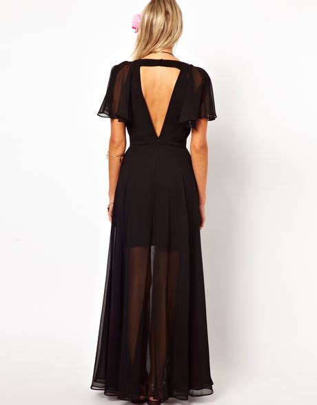 Asos Maxi Dress With Deep Plunge And Ruffle Sleeve In Black Lyst