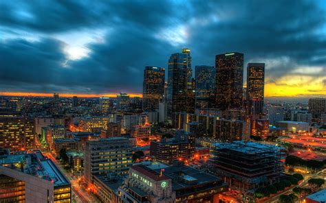 Evening City Lights Skyscrapers Los Angeles California Usa Hd