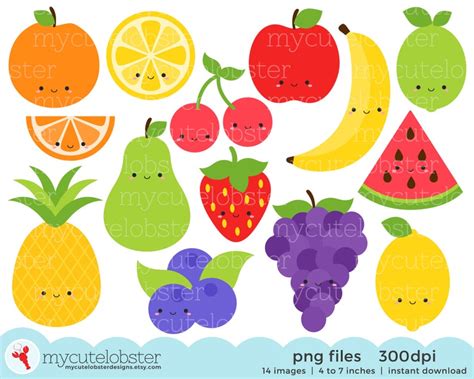 Cute Fruit Clipart Set Clip Art Set Of Orange Apple Etsy