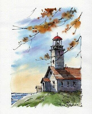 Lighthouse 5x7 Fine Art Original Watercolor Peter Sheeler Ftrees Lake