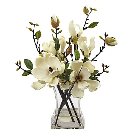 Nearly Natural 15 H Plastic Magnolia Arrangement With Vase White