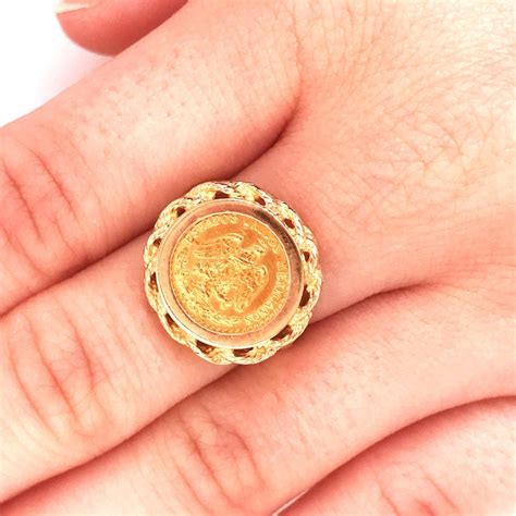 110 Peso Coin Ring Estate Piece In 14 Karat Yellow Gold For Sale At