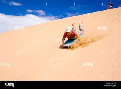 Woman Sand Surfing On Sand Dunes 90 Mile Beach Cape Reinga New Stock