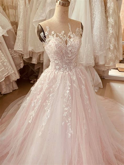 pastel light pink sleeveless lace applique ball gown
