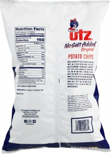 Utz No Salt Added Original Potato Chips 9 Oz Bakers