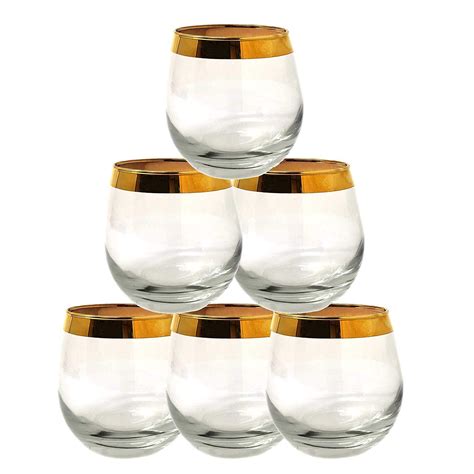 Set Of Gold Rim Luxury Design Stemless Wine Glasses Clear Solid Base Ounce Perfect For